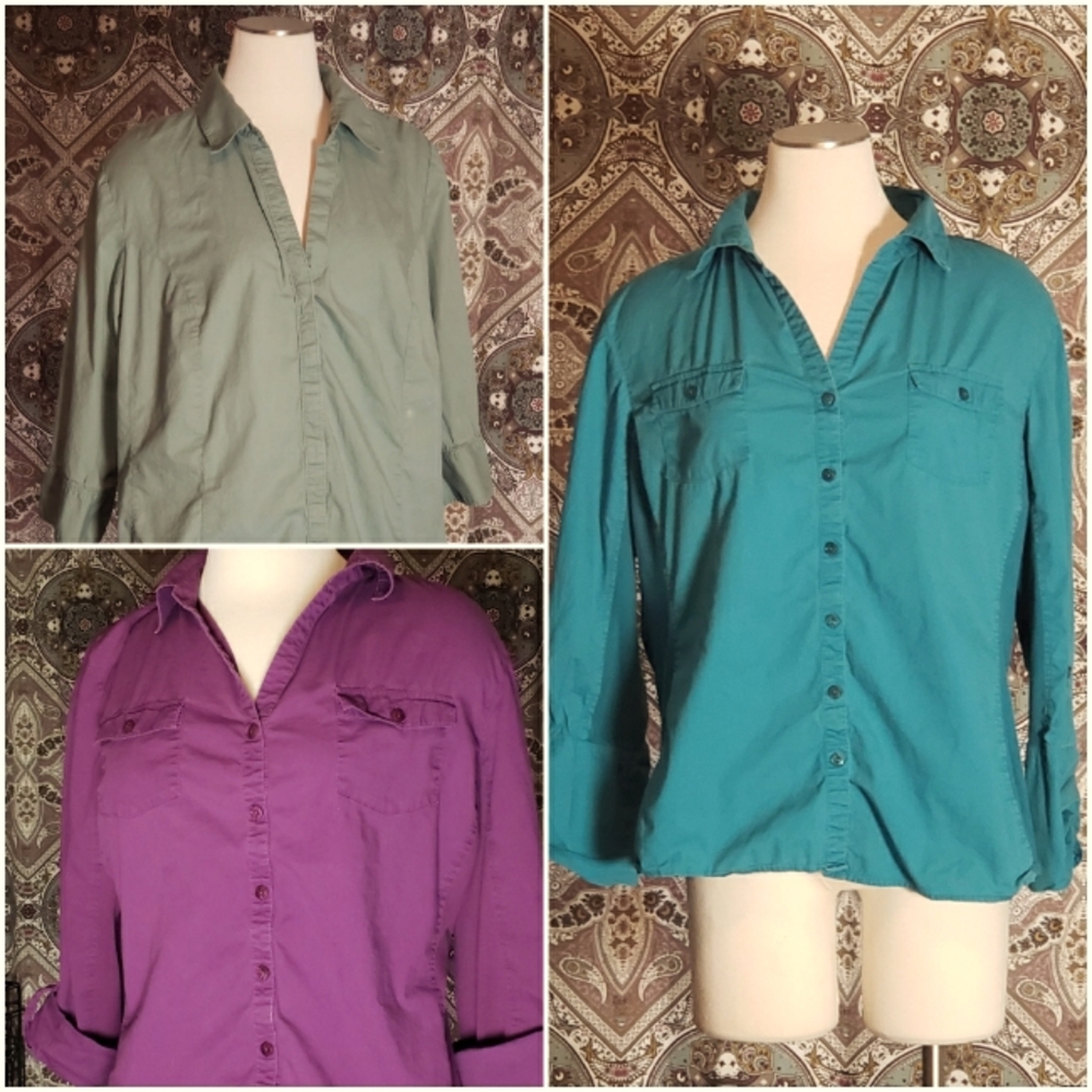 THREE Bundled 3/4 Sleeve Cotton Button-Front Blouses (Riders by Lee, JMS; 2X)